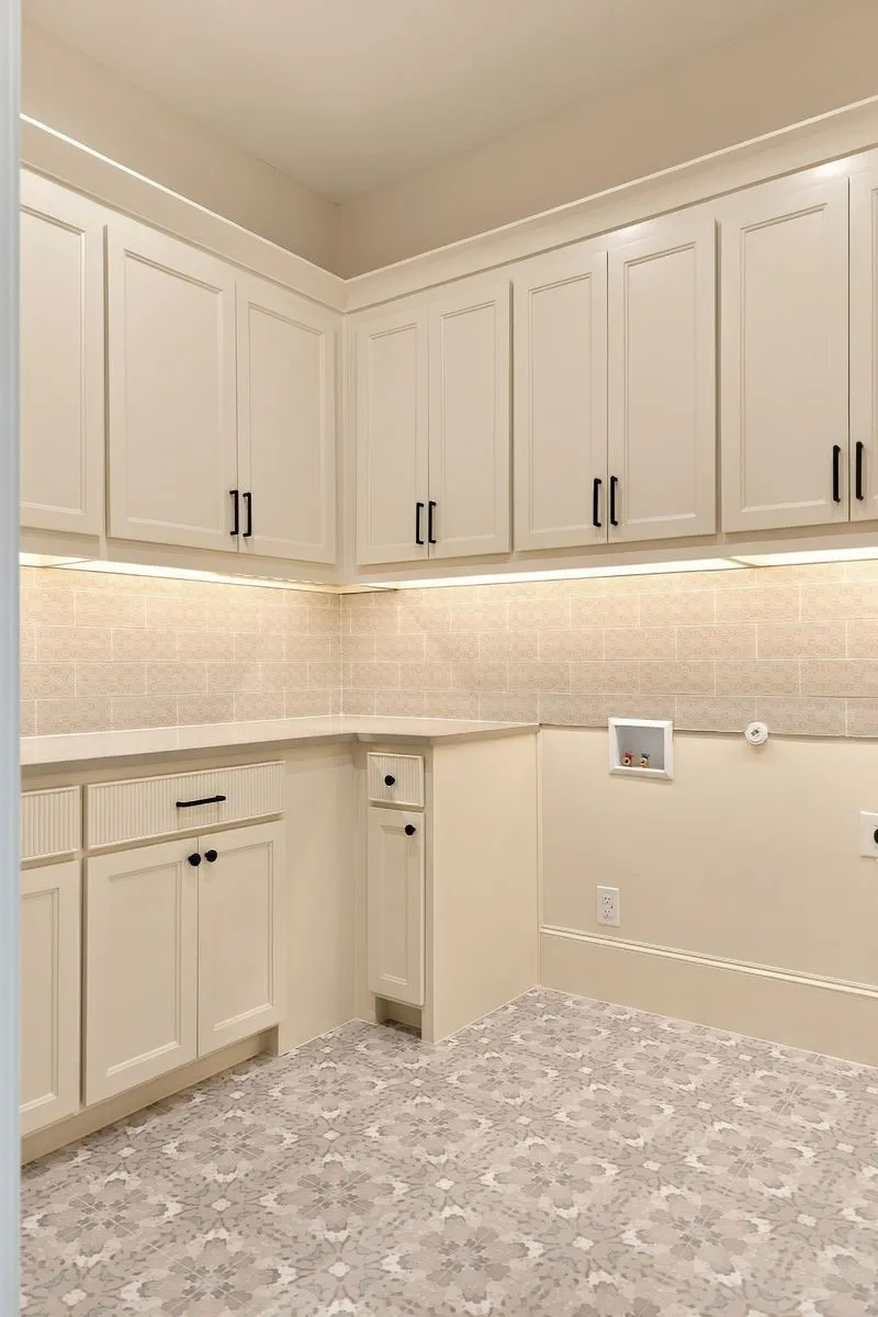 Extensive built-in cabinetry with matte black hardware, integrated lighting, solid surface countertops, patterned floor tiles, and a tiled backsplash