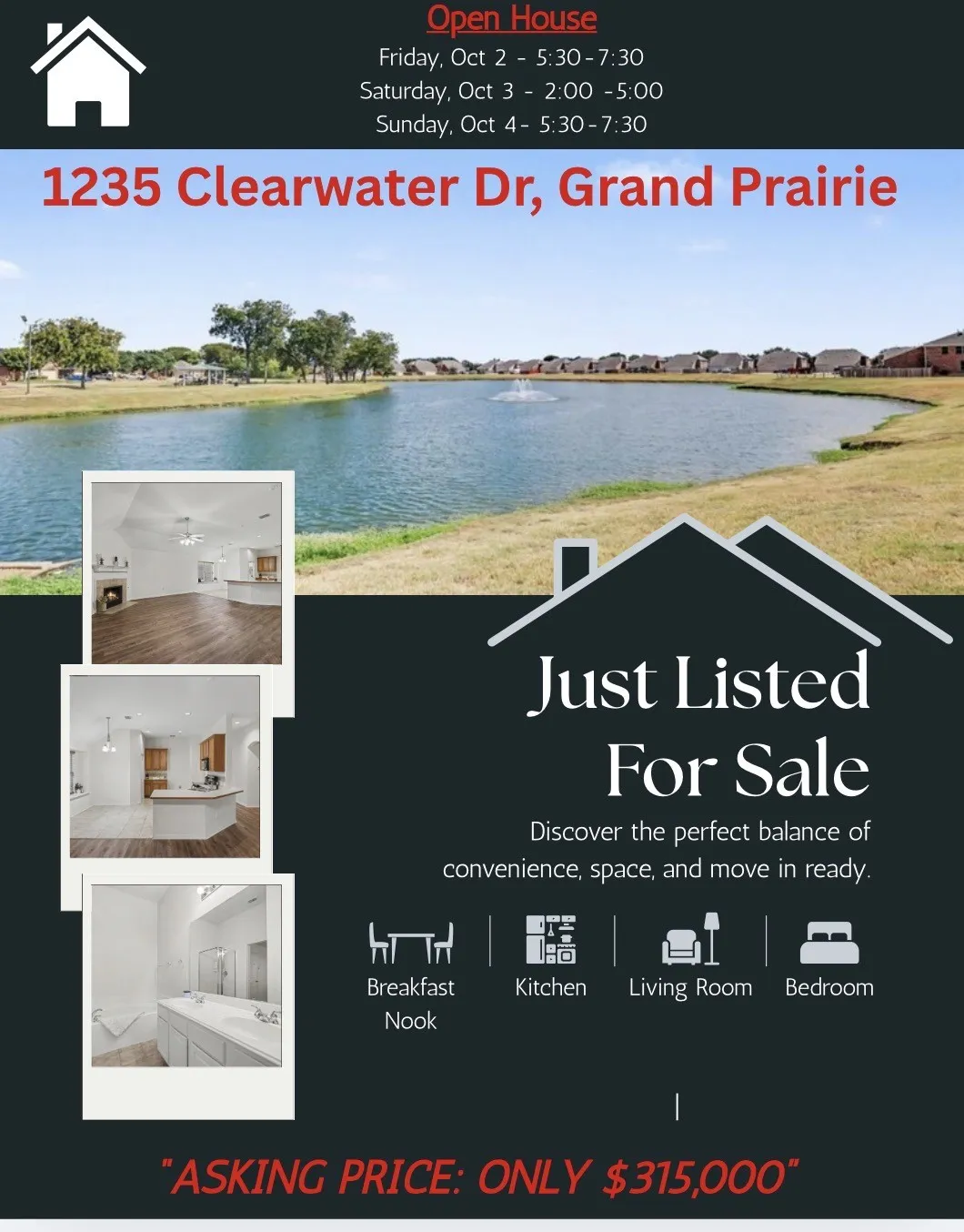 Real Estate Marketing Flyer. Presenting property details, open house schedule, and pricing for a residential listing