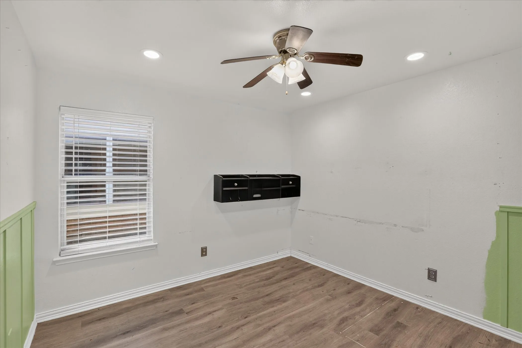 Wood-finish flooring with white trim