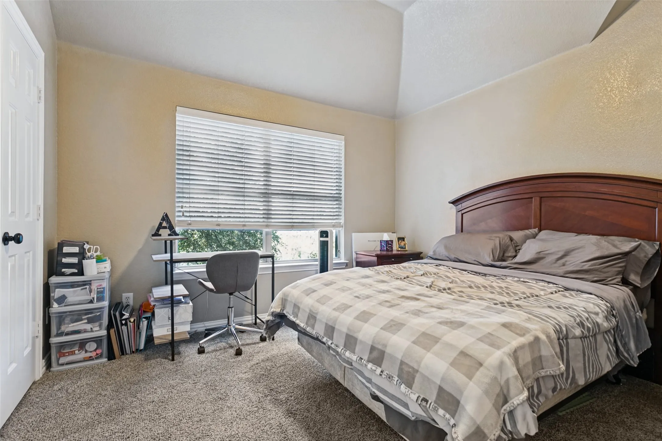 Vaulted ceiling with textured finish, neutral wall paint, and carpeted flooring