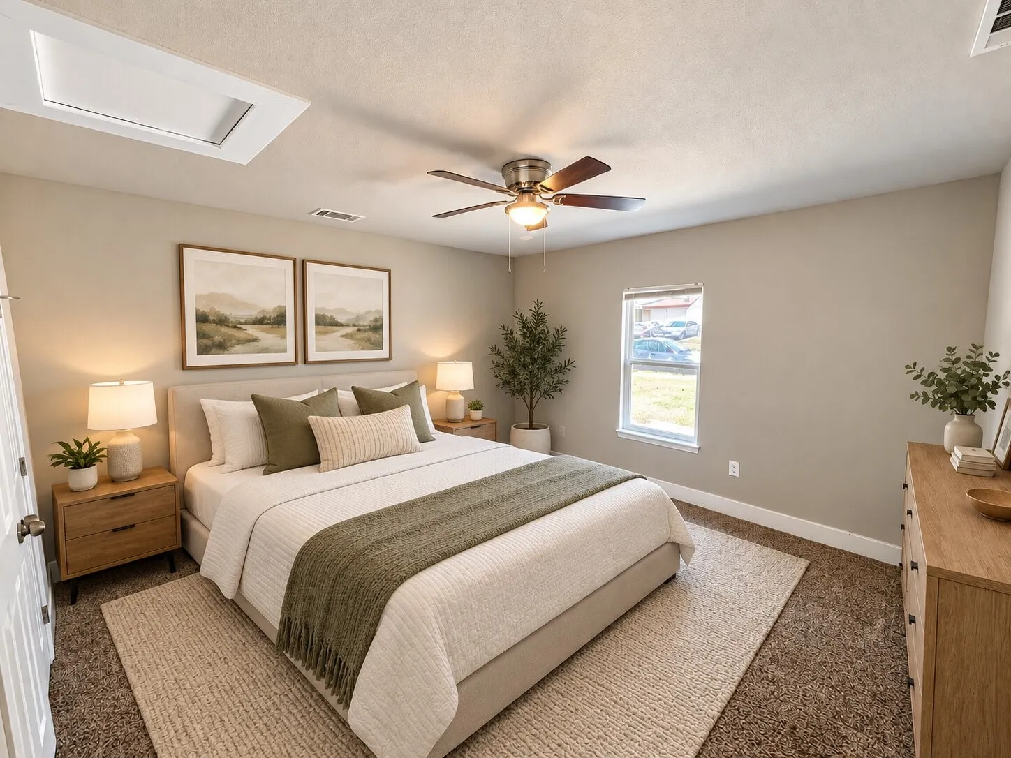 Virtually staged -
Recessed ceiling light panel, ceiling fan with integrated lighting, single window, and carpet flooring