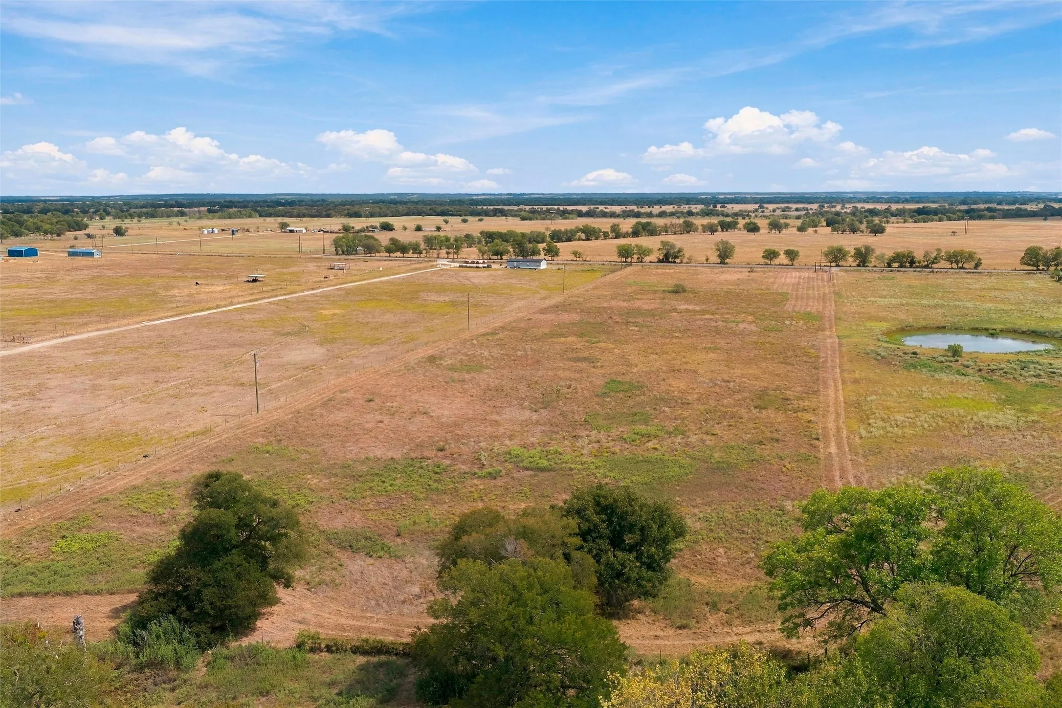 Expansive rural acreage with scattered mature trees and a natural pond