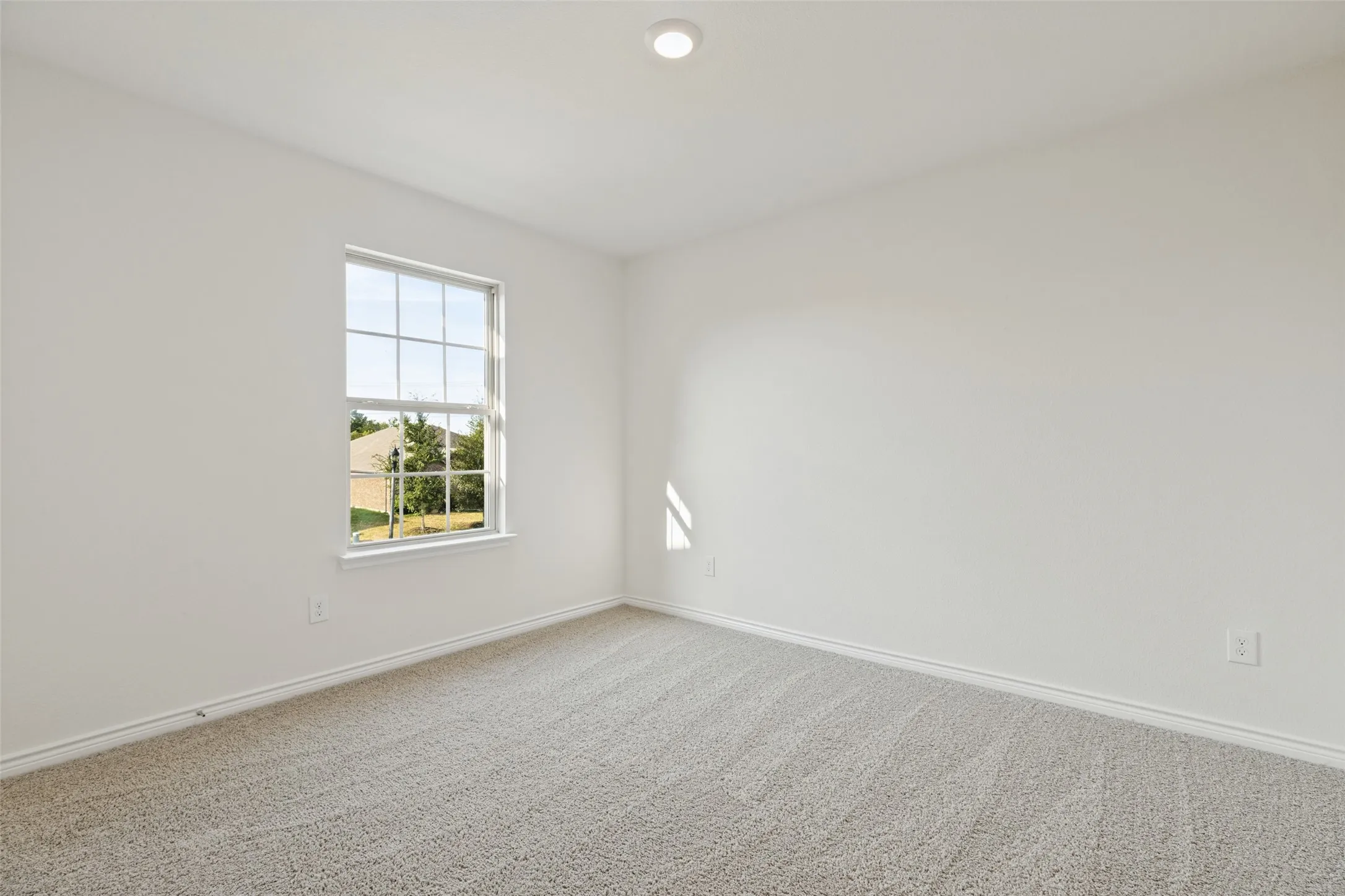 Neutral wall paint, recessed lighting, double-pane window, and carpeted flooring