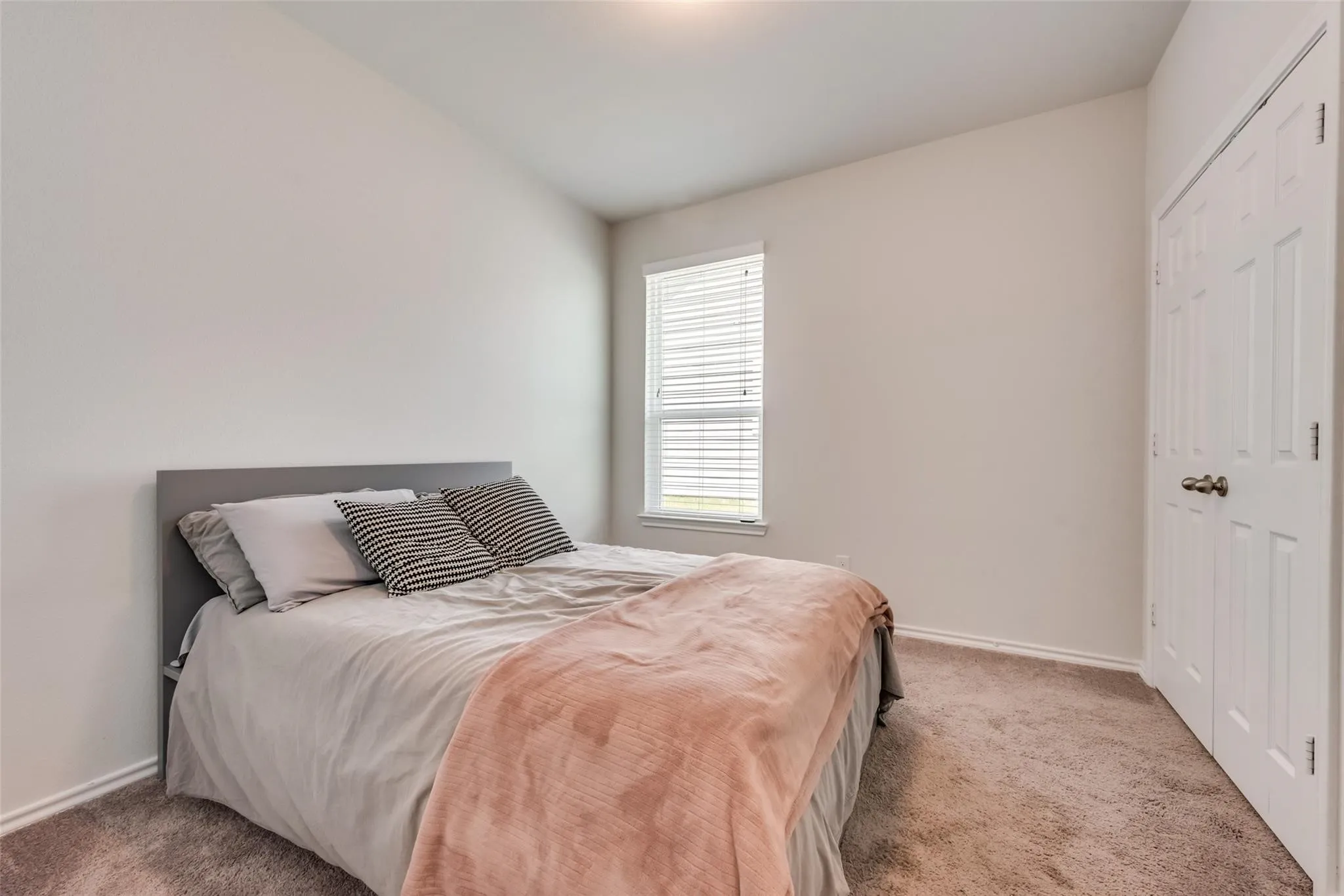 Carpeted flooring, white walls, single window with blinds, and a paneled door