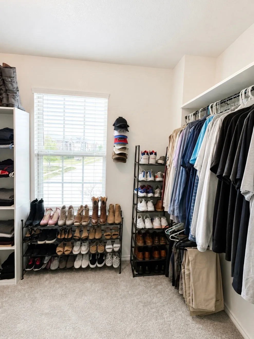 Spacious primary closet featuring light-colored walls, soft carpet flooring, and a large window with horizontal blinds