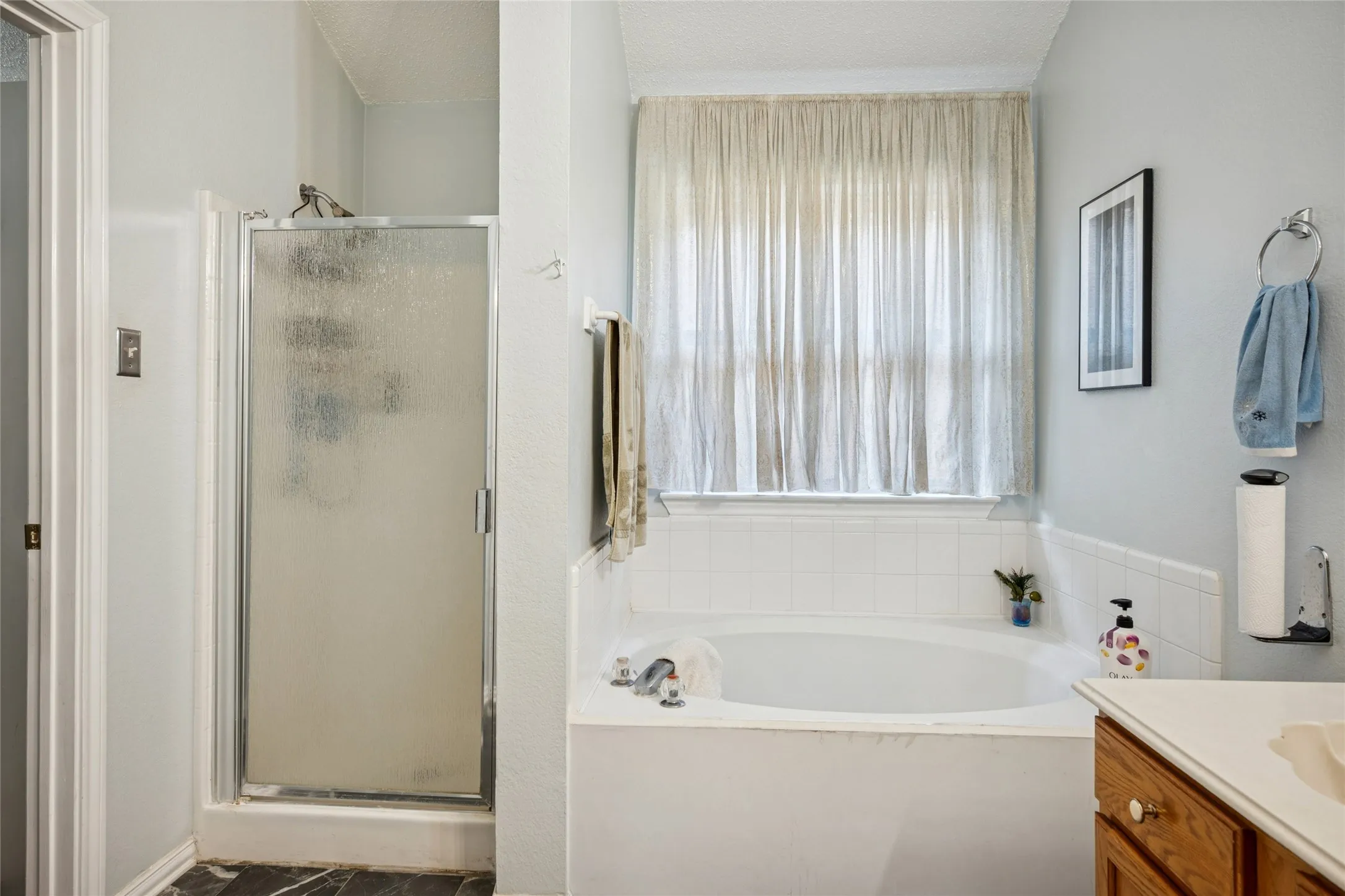 Built-in soaking tub, separate shower with frosted glass enclosure, and a vanity with wood-finish cabinetry