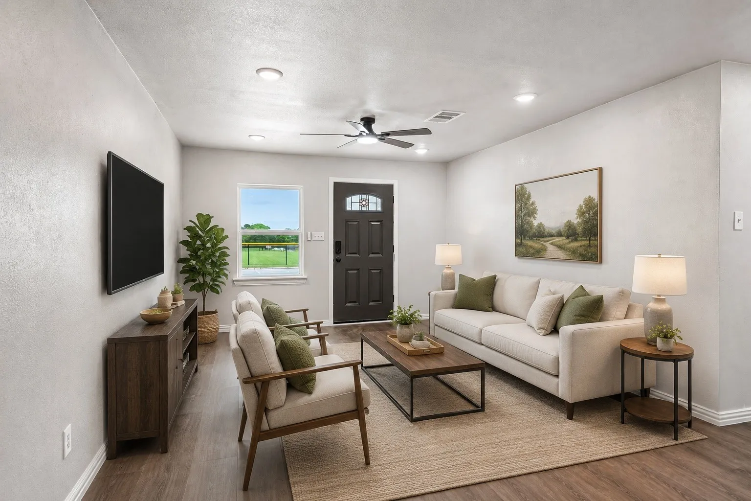 Spacious living area featuring wood-finish flooring, recessed lighting, and a modern ceiling fan