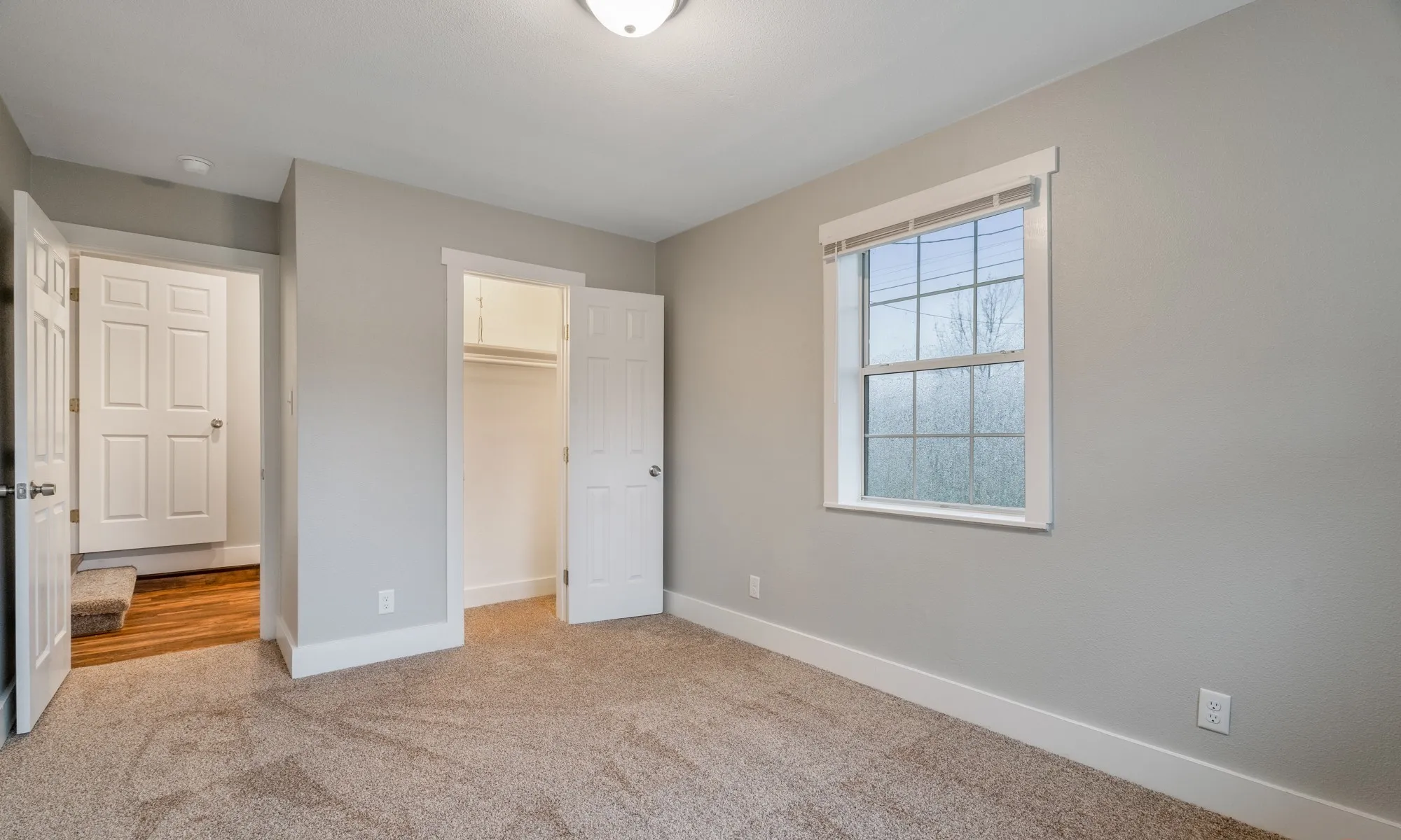 Carpeted flooring, neutral wall tones, interior door, window with gridded panes, and a built-in closet with shelving and hanging rod