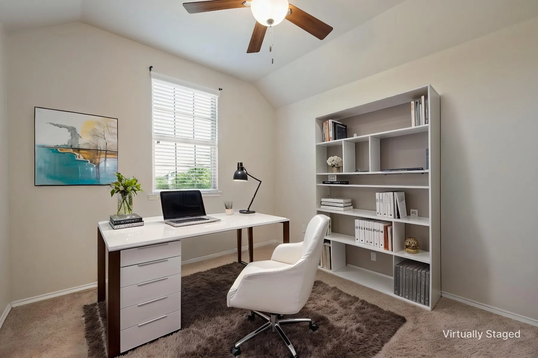 Vaulted ceiling with a ceiling fan, window with blinds, and built-in shelving unit
