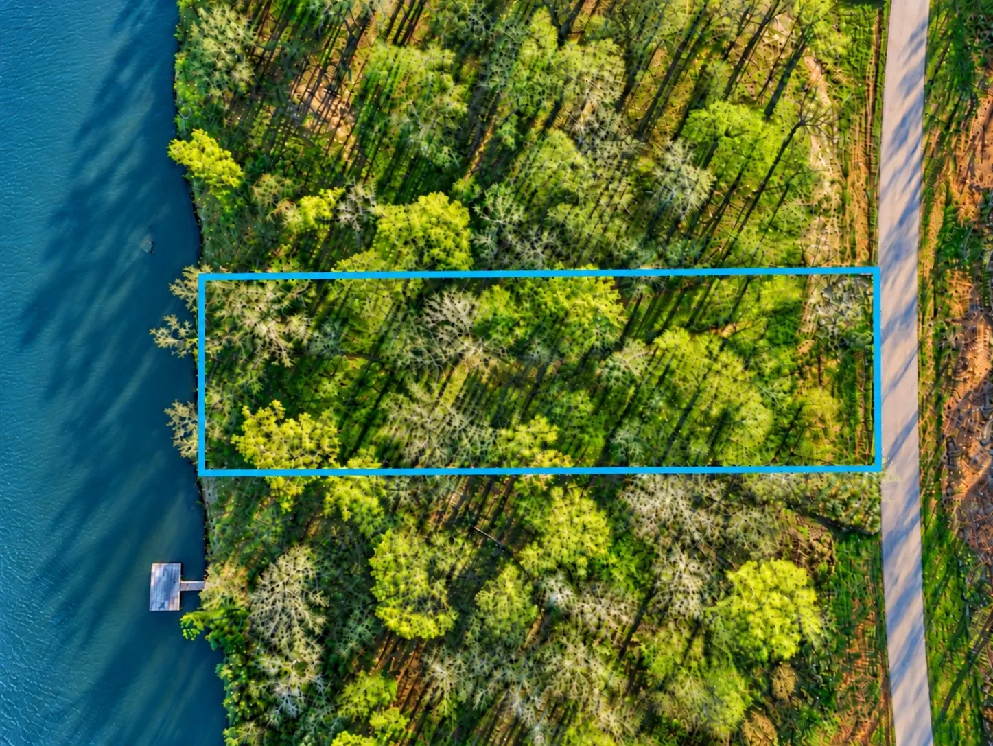 Wooded lot bordered by a paved road and a body of water