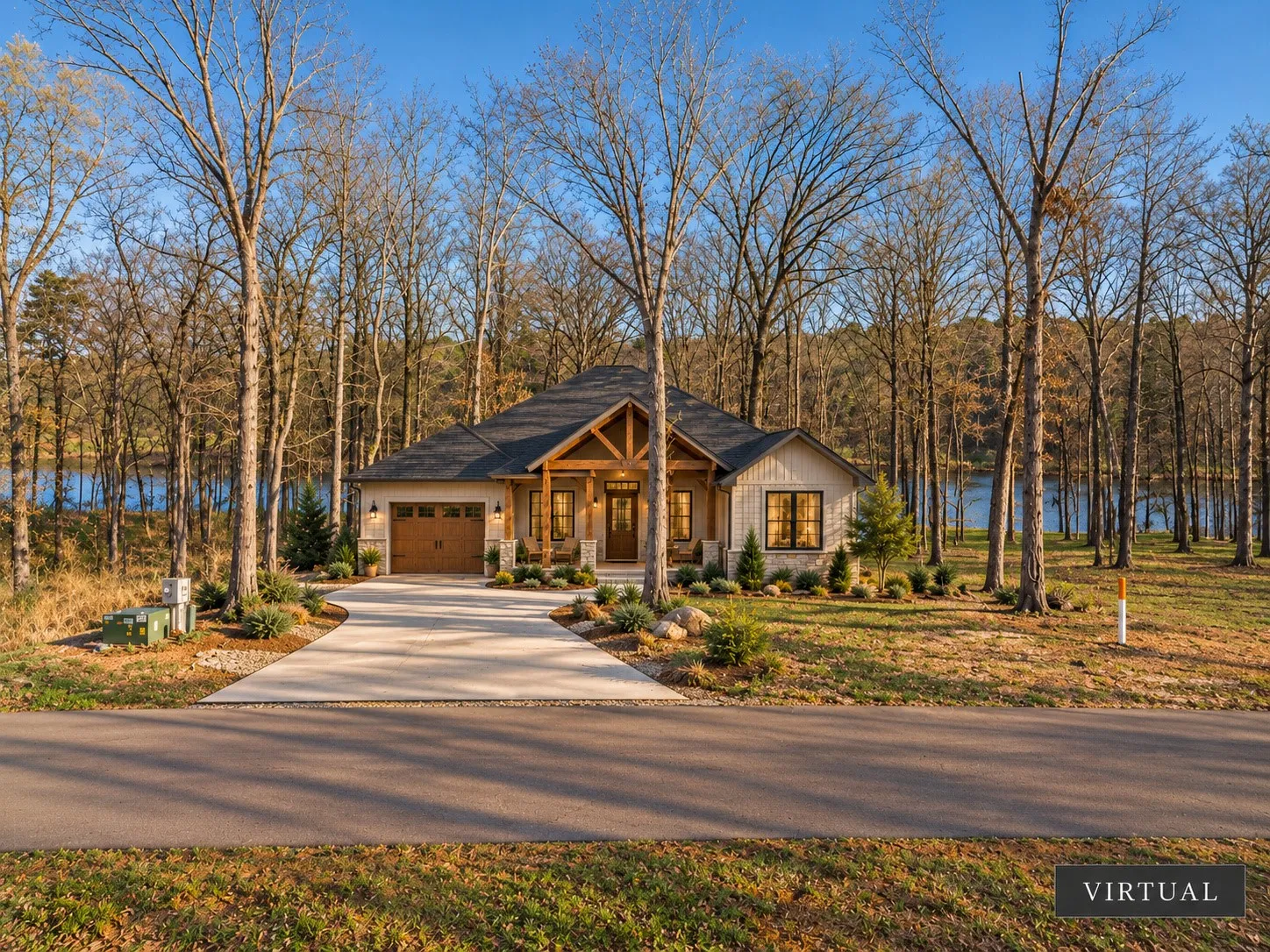 Single-story residence featuring a dark shingle roof, wood-finish garage door, and a concrete driveway - Virtual mock up of potential house.