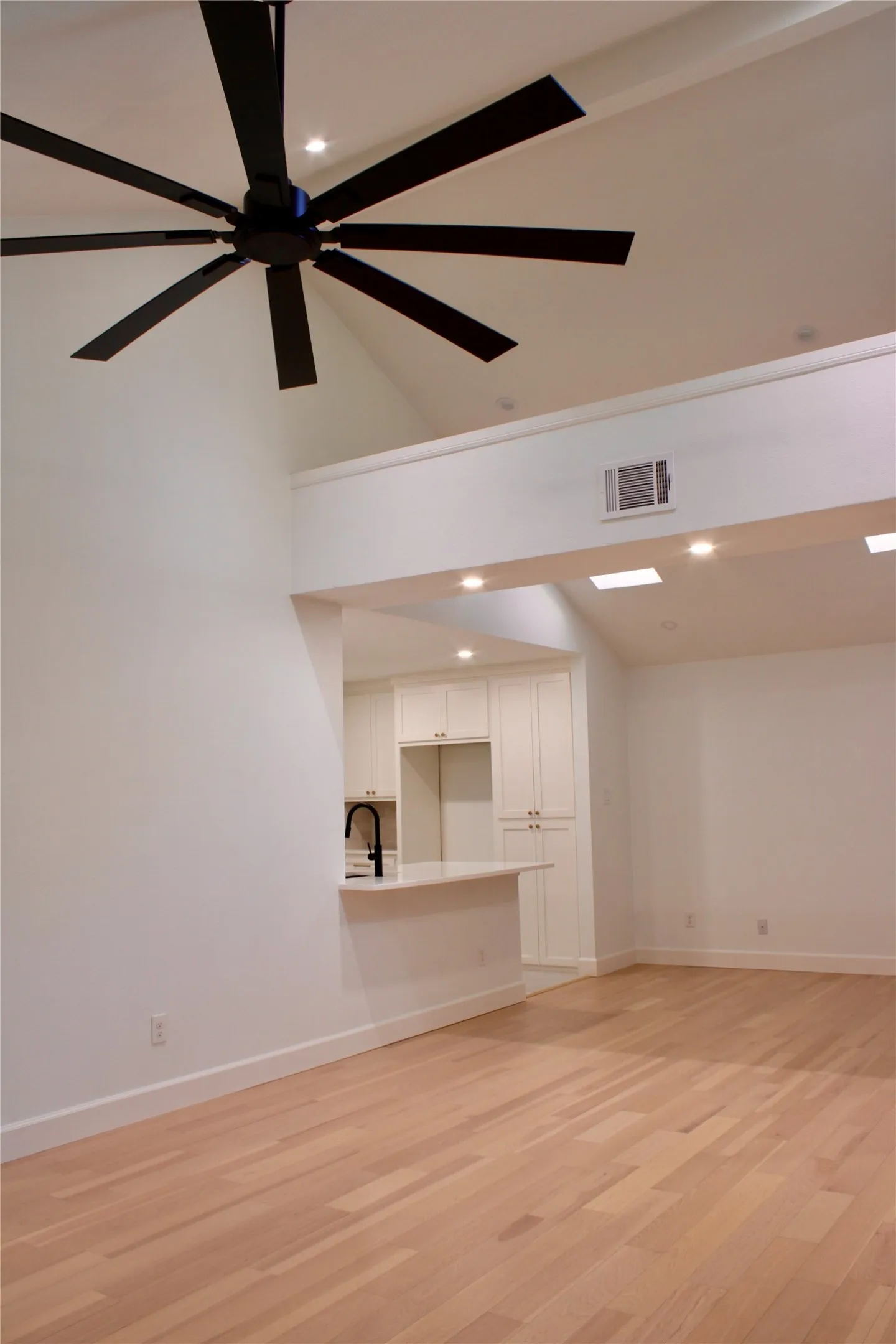 Vaulted ceiling with a multi-blade ceiling fan