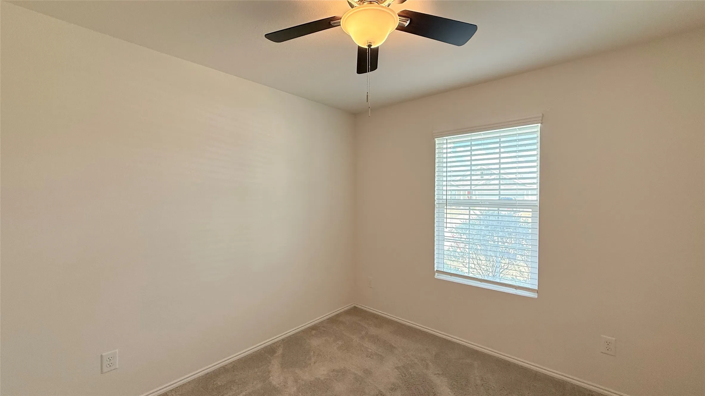 Carpeted flooring, single window with blinds, overhead lighting with ceiling fan, light-toned wall paint