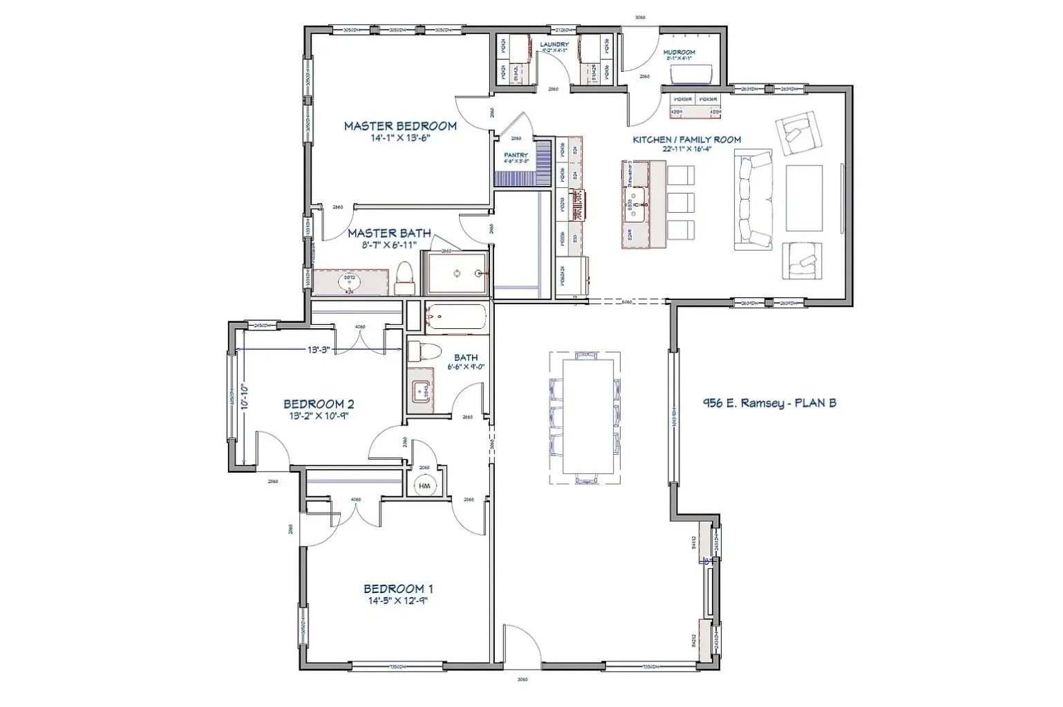 Floor plan of the property featuring the three bedrooms, two bathrooms, living room, kitchen/dining area and additional laundry and mud room.