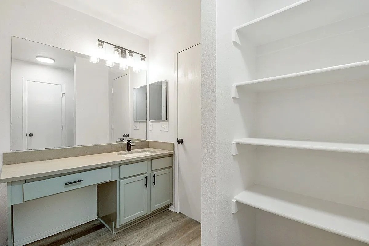 Vanity with integrated sink, expansive mirror, light fixture, wood-finish flooring, and built-in shelving