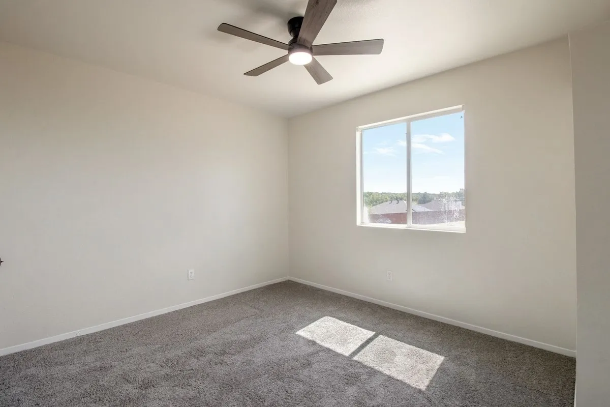 Recessed lighting, ceiling fan with light, and light-toned carpeting