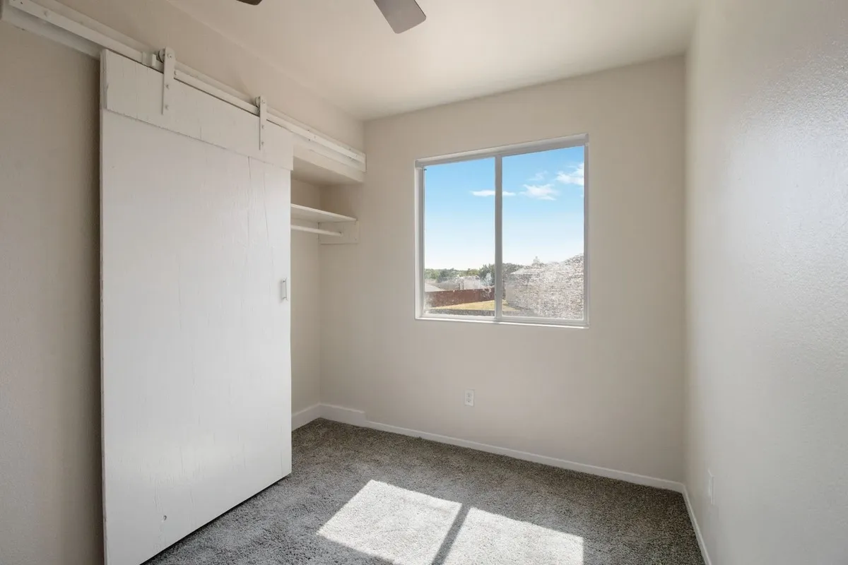 Barn door closet with built-in shelving, white walls, and a window providing natural illumination