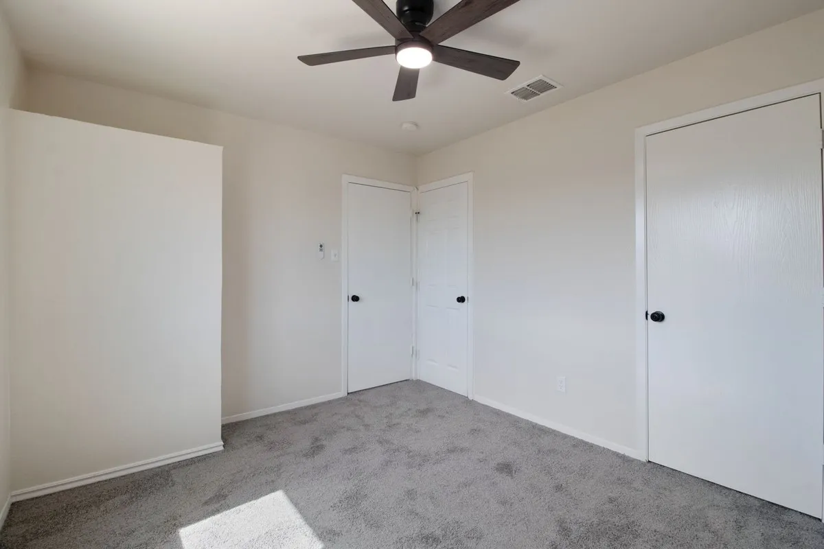 Carpeted flooring, ceiling fan with integrated lighting, and multiple white panel doors with black hardware