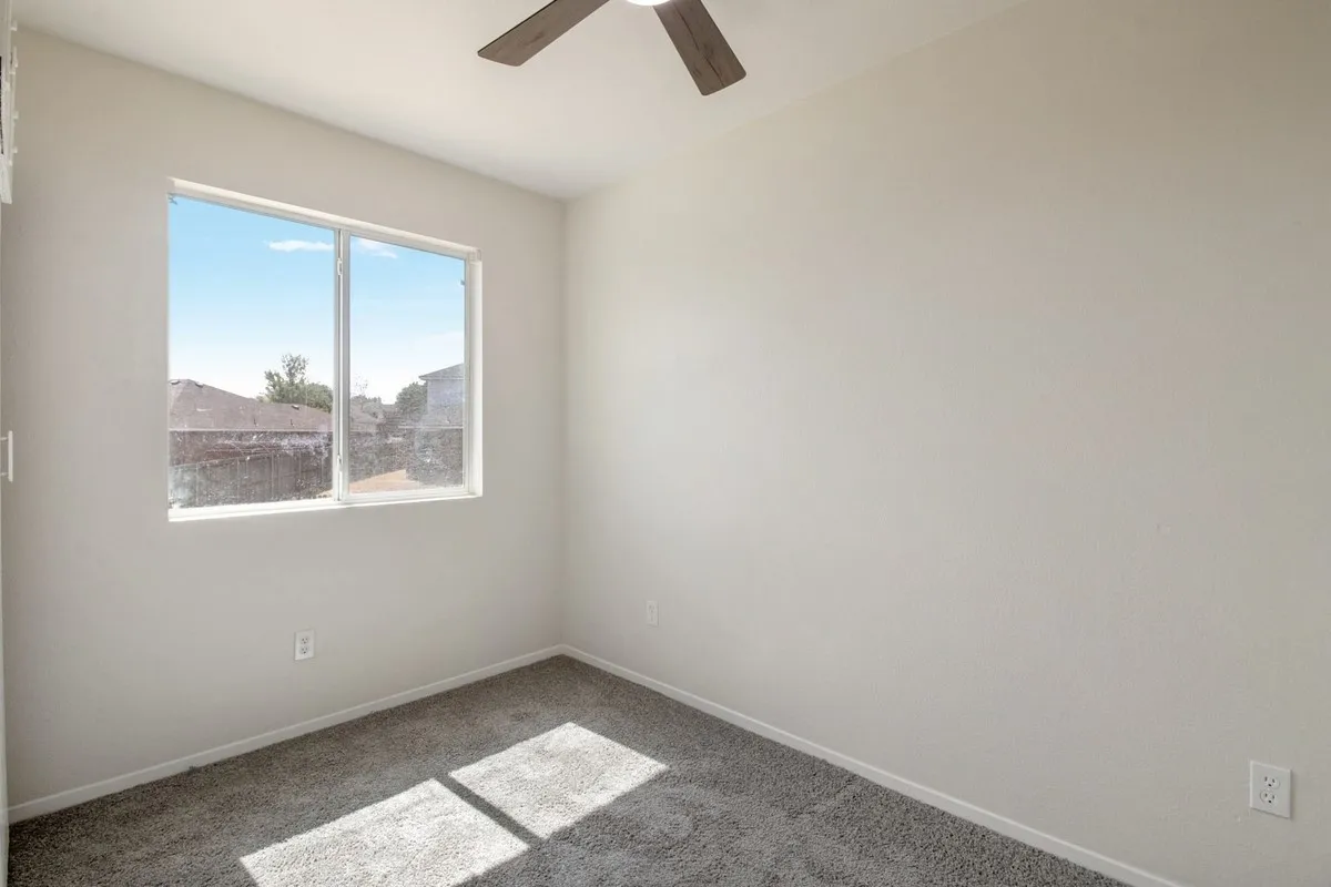Room featuring a window, neutral-toned walls, gray carpet, and a ceiling fan