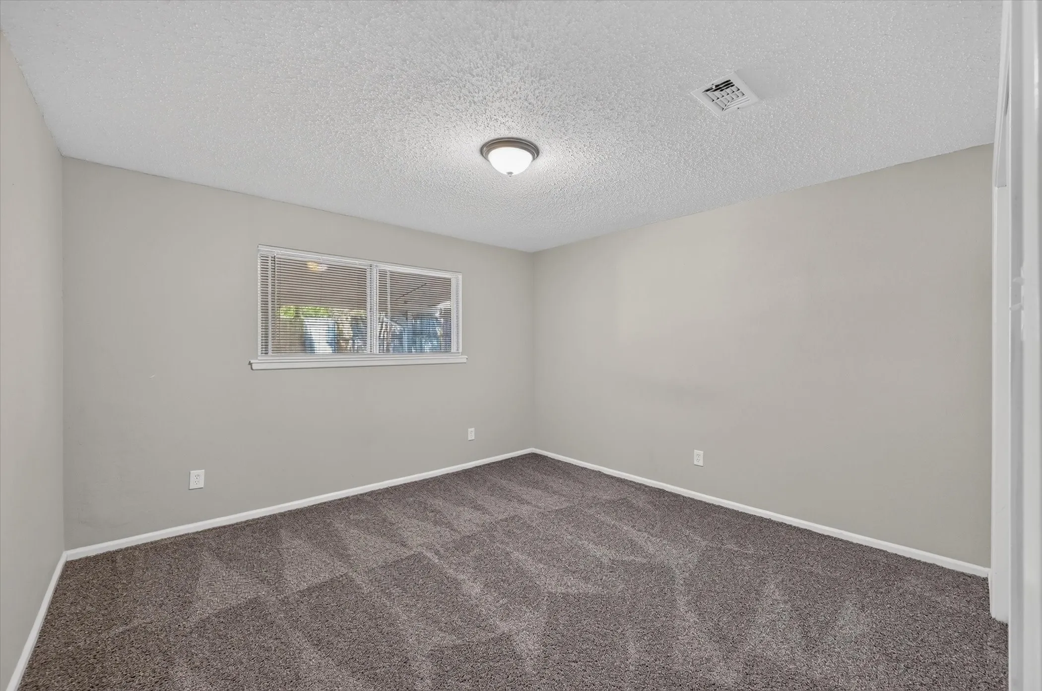 Neutral wall paint, ceiling light fixture, patterned carpet flooring, and window with blinds