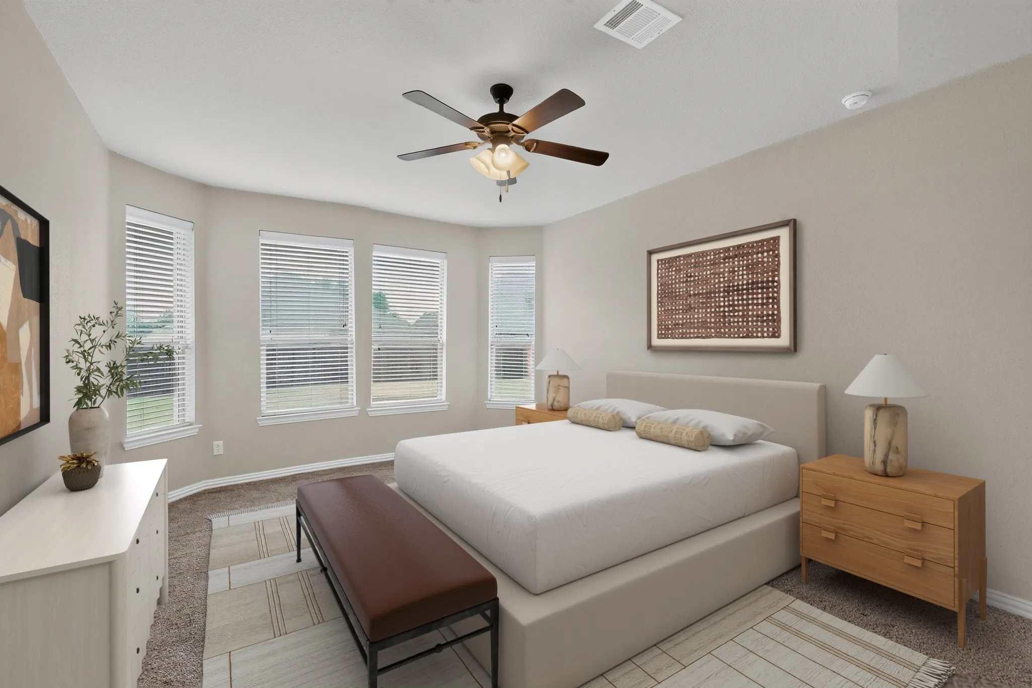 Carpeted flooring, recessed lighting, and a ceiling fan with integrated lighting