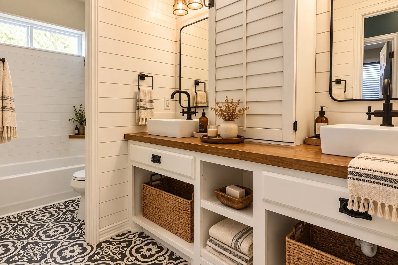 View of guest bath that has been virtually staged.