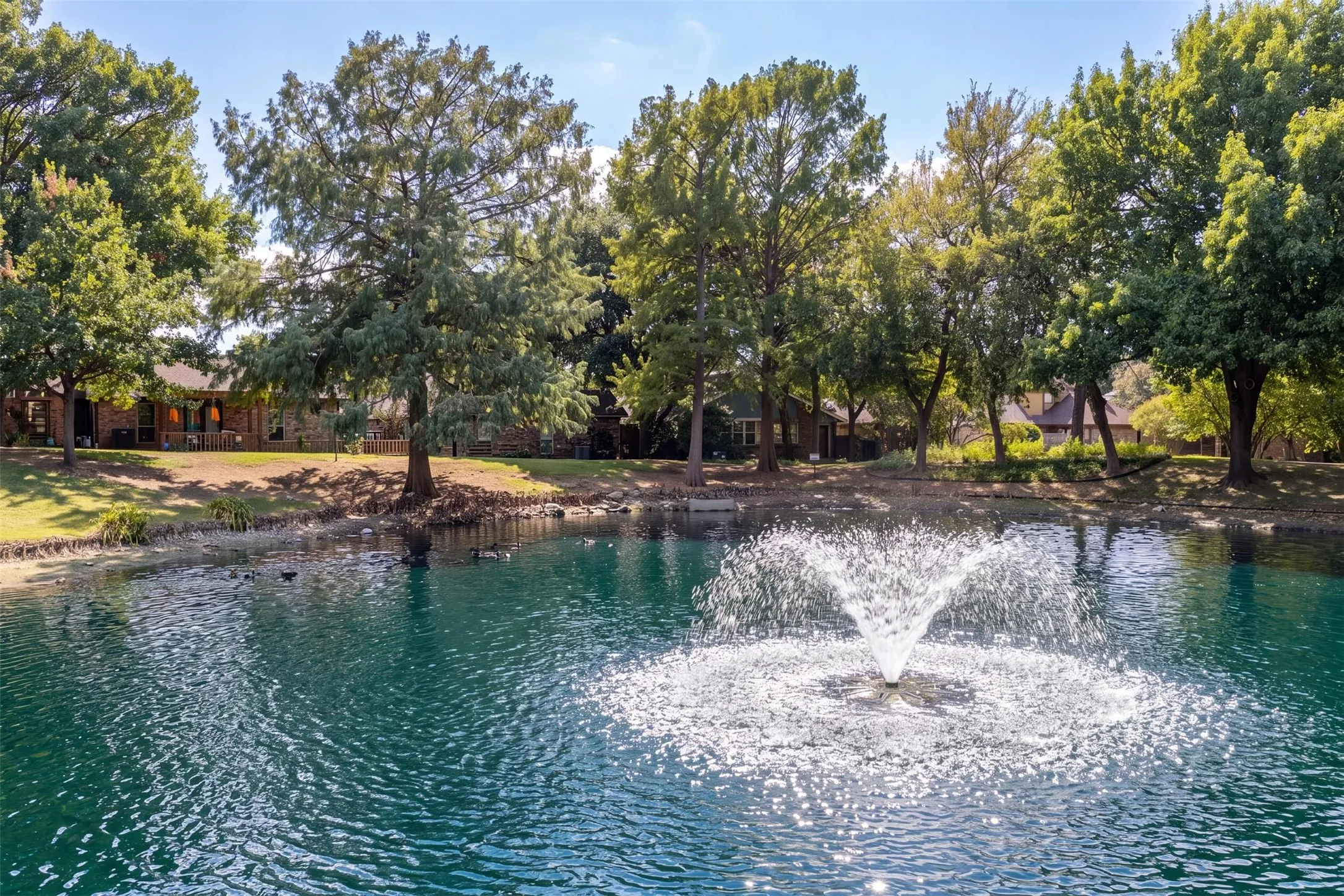 Neighborhood pond with fountain.