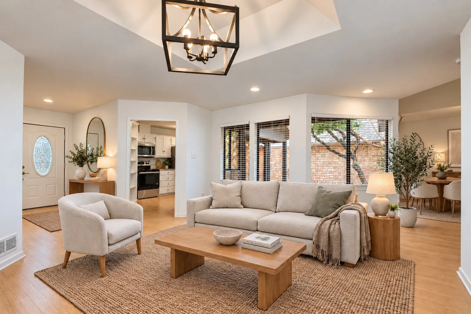Main living area open to the kitchen. Virtually staged.