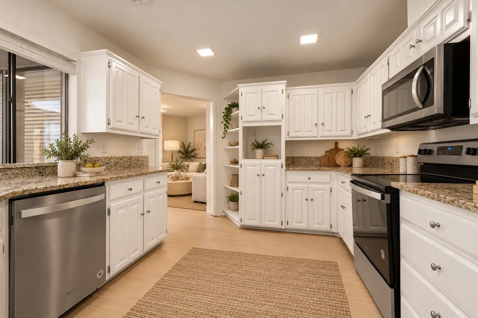 Kitchen with granite counters and stainless appliances. Virtually staged.