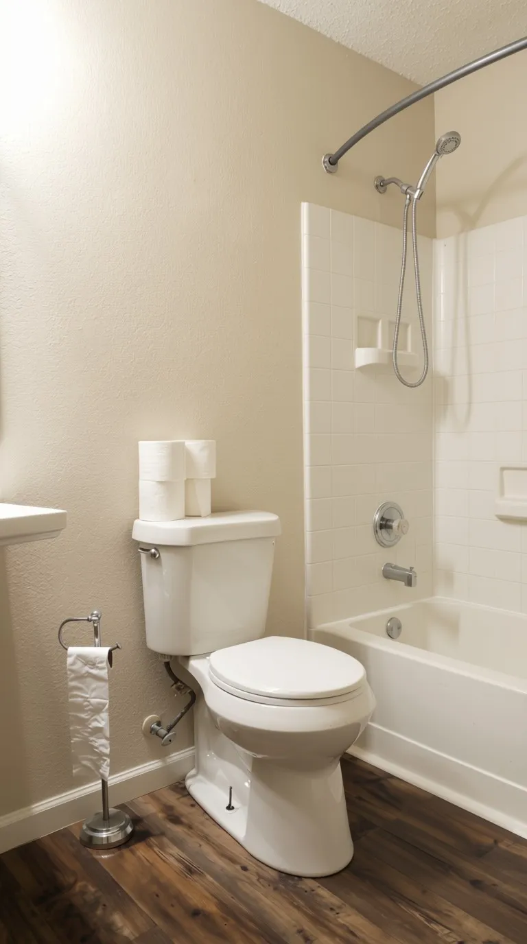 White bathtub with tiled surround, chrome fixtures, and wood-finish flooring