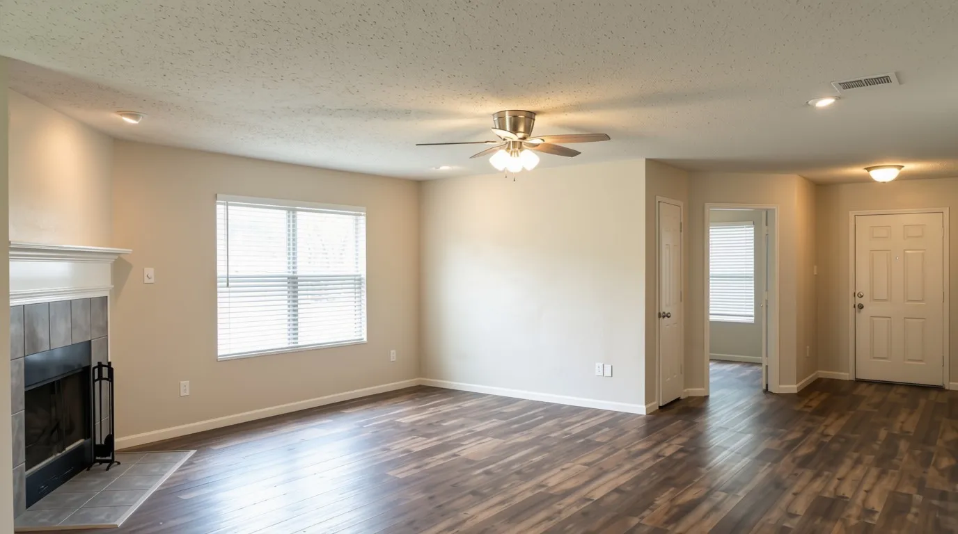Spacious living area featuring wood-finish flooring, a fireplace with a tile surround and white mantel, a ceiling fan, and recessed lighting