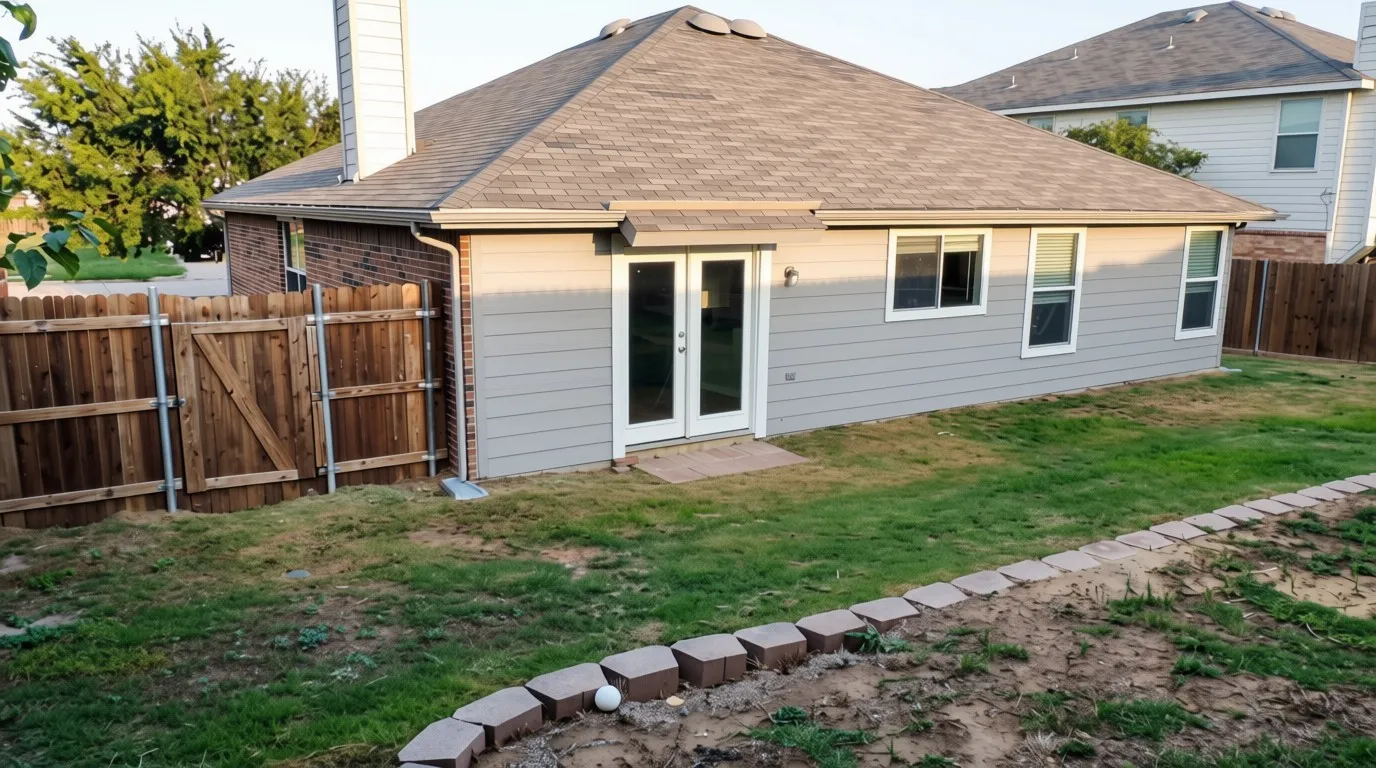 Rear exterior featuring light gray siding, a brick accent wall, double-pane windows, a privacy fence with a gate, and a stone-edged garden bed