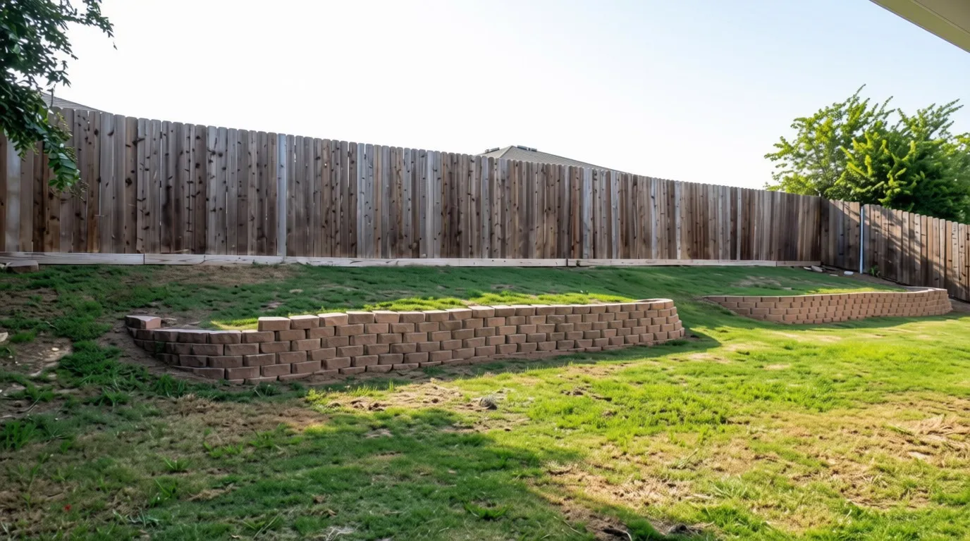Expansive backyard featuring a wood privacy fence, terraced landscaping with retaining walls, and a grass lawn