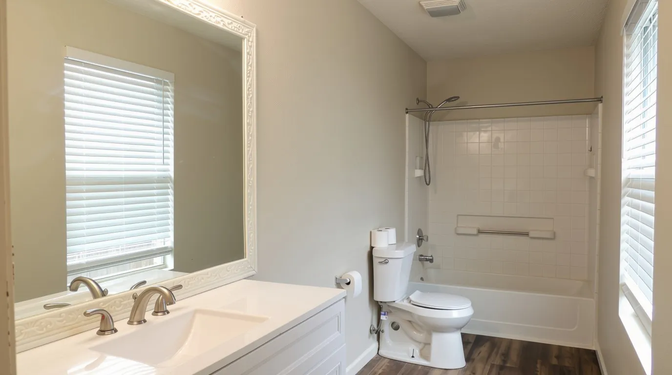 White vanity with integrated sink and brushed nickel faucet