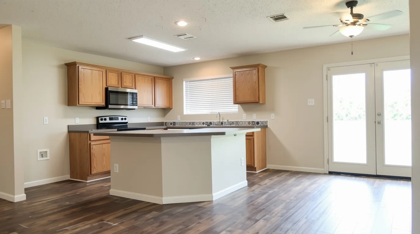 Kitchen featuring wood-finish flooring, a central island, stainless steel microwave, and French doors