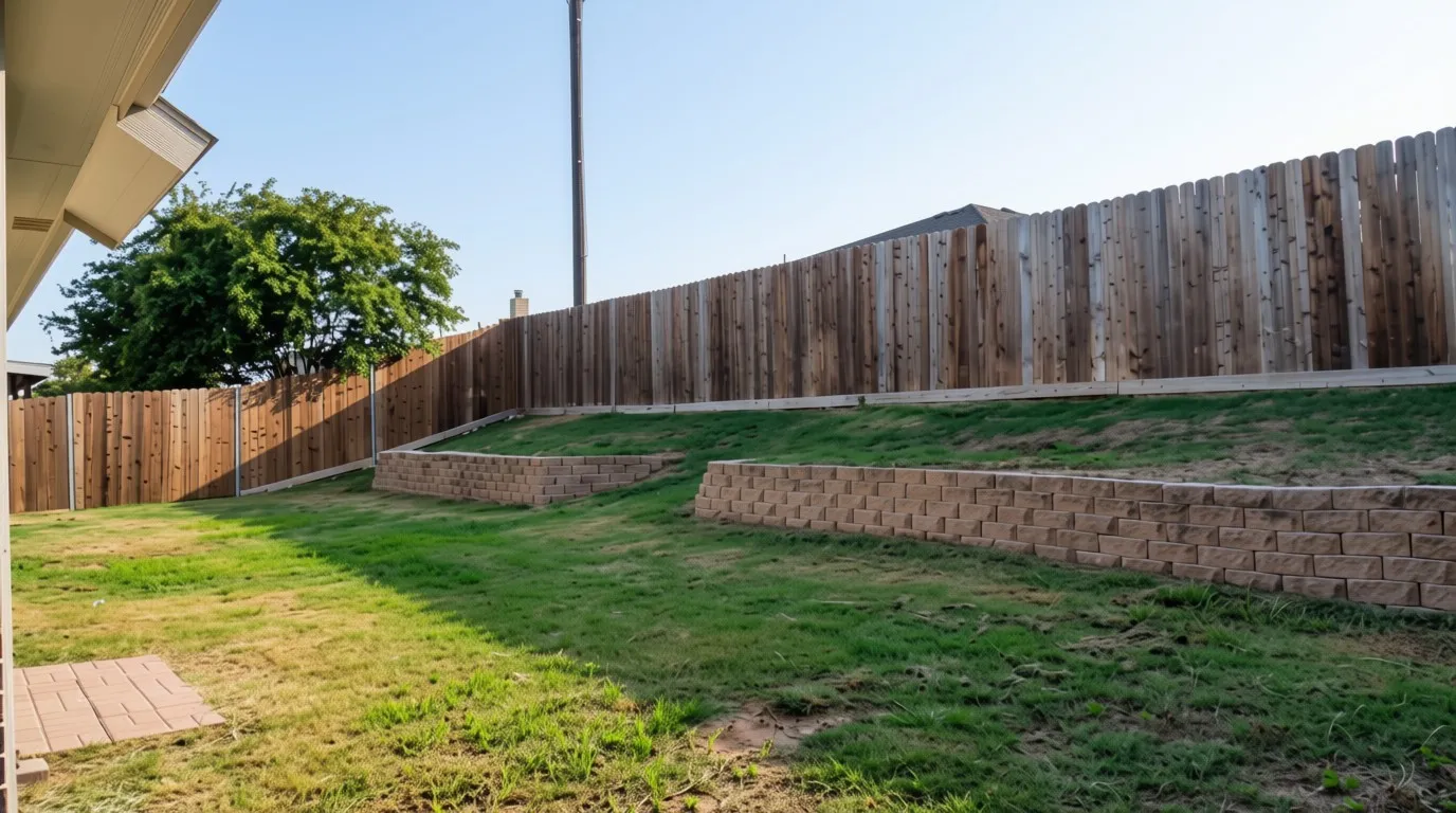 Expansive backyard featuring a wood privacy fence, multiple tiered retaining walls, and a manicured lawn
