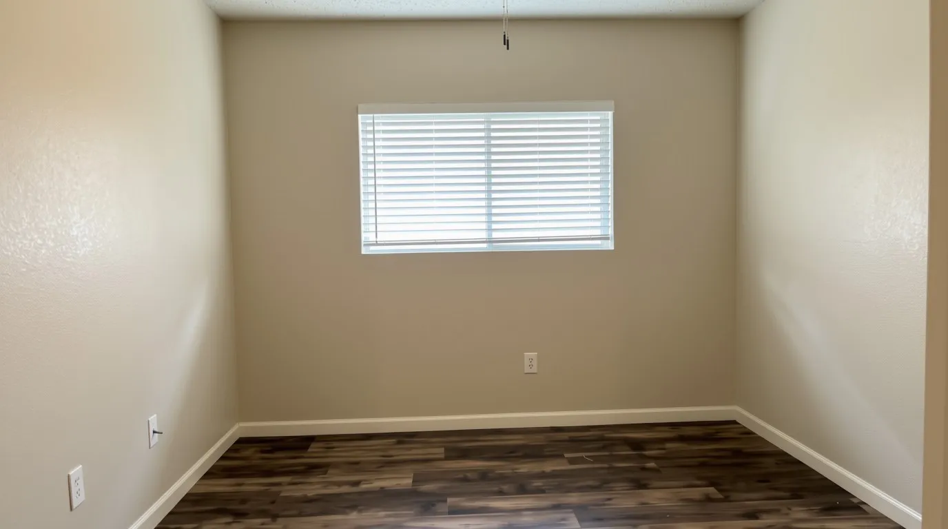 Wood-finish flooring with white trim, neutral wall tones, and a window with horizontal blinds