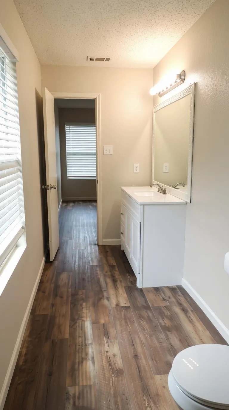White vanity with dual sinks, wood-finish flooring, and a mirrored medicine cabinet