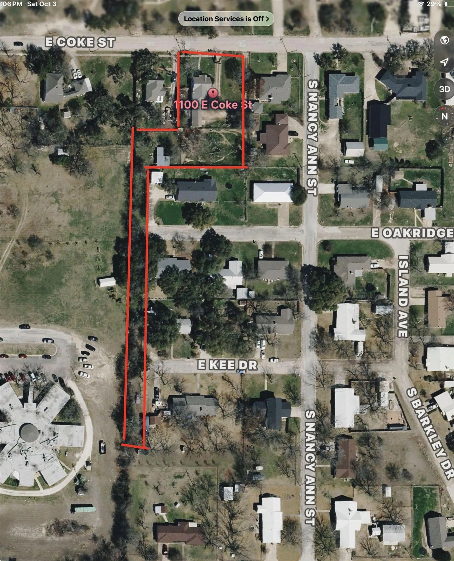 Aerial Map. Outlining the boundaries of the property at 1100 E Coke St and its surrounding parcels