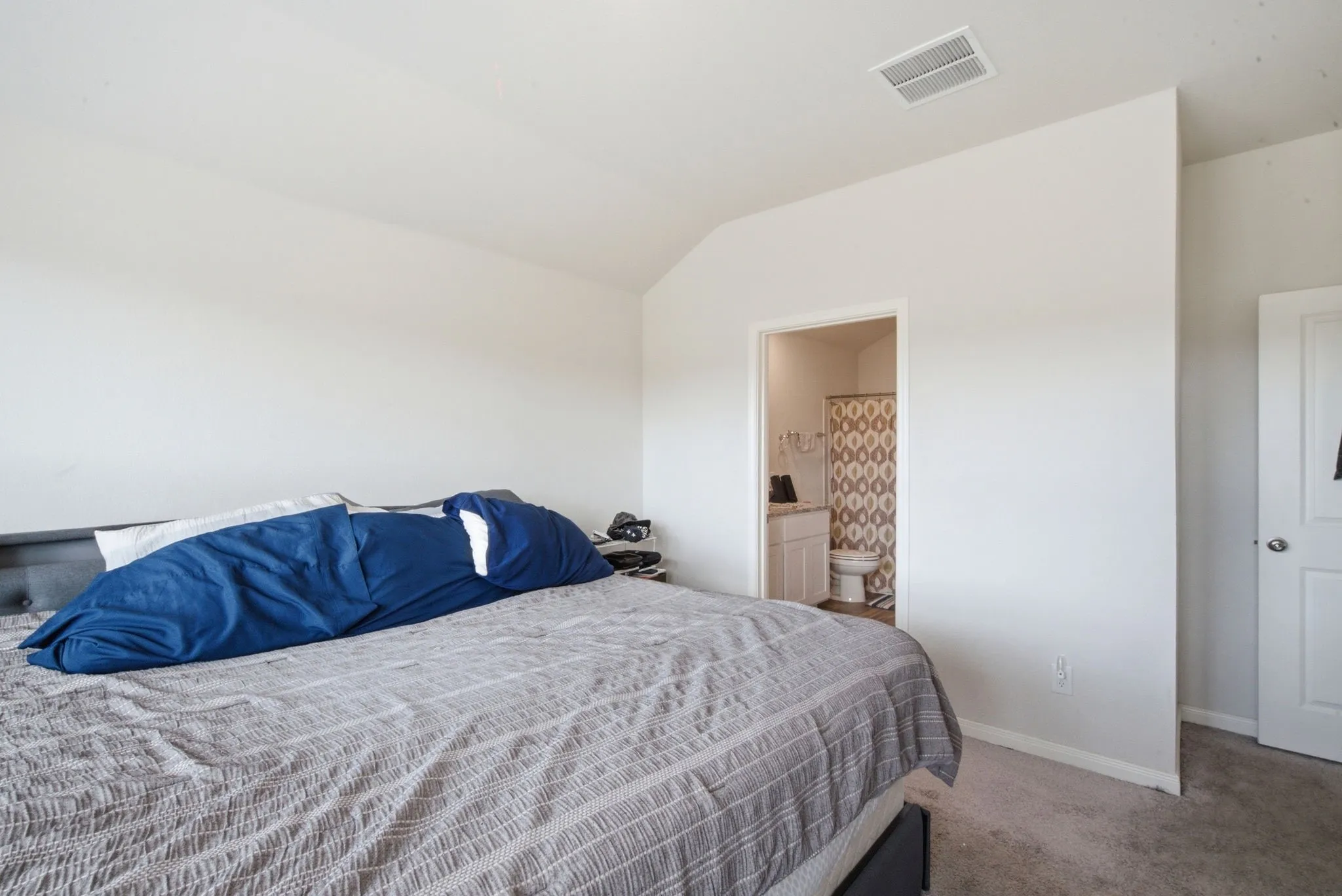 Carpeted flooring, vaulted ceiling, and an en-suite bathroom with a single vanity and toilet