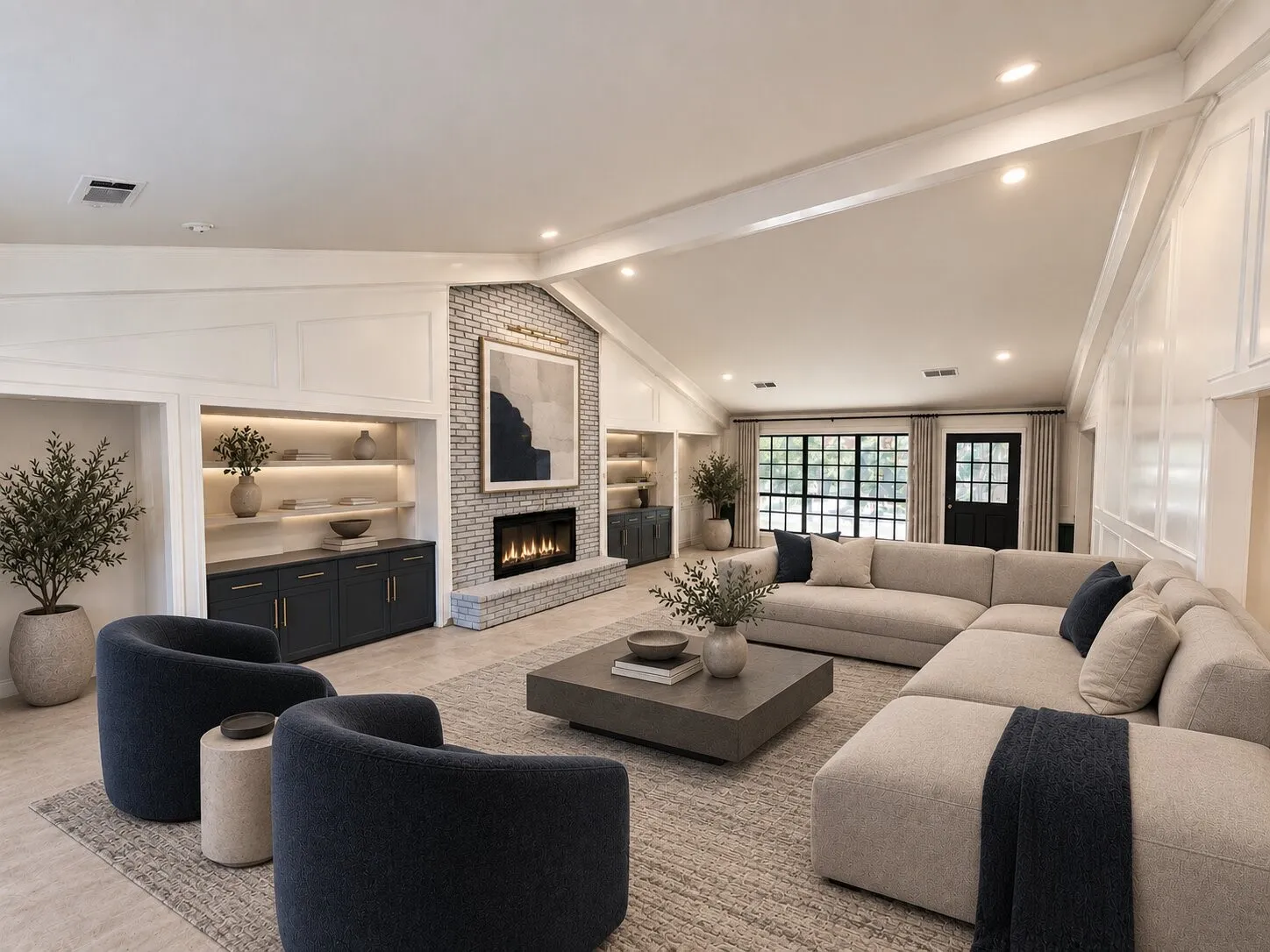 Virtually staged - Vaulted ceiling with exposed beams, brick fireplace, built-in shelving with integrated lighting, built-in cabinetry, and large windows