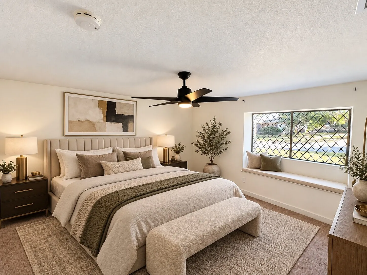 Virtually staged - Built-in window seat, ceiling fan, carpeted flooring, and a large window with gridded panes