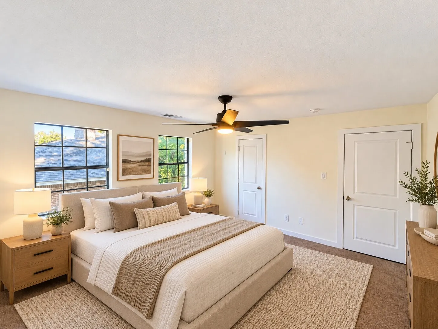 Virtually staged - Dual pane windows, ceiling fan with light fixture, light-toned wall paint, and white paneled doors