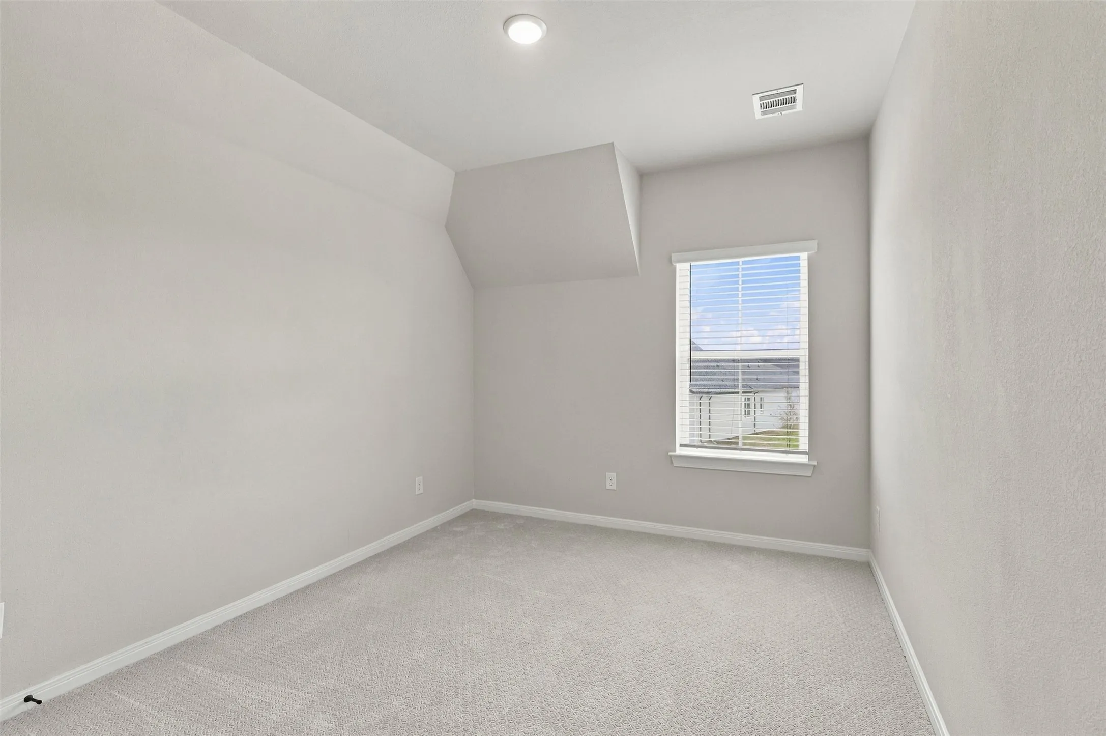 Light-toned carpeted flooring, single flush-mount ceiling light fixture, white interior walls, and a single window with blinds