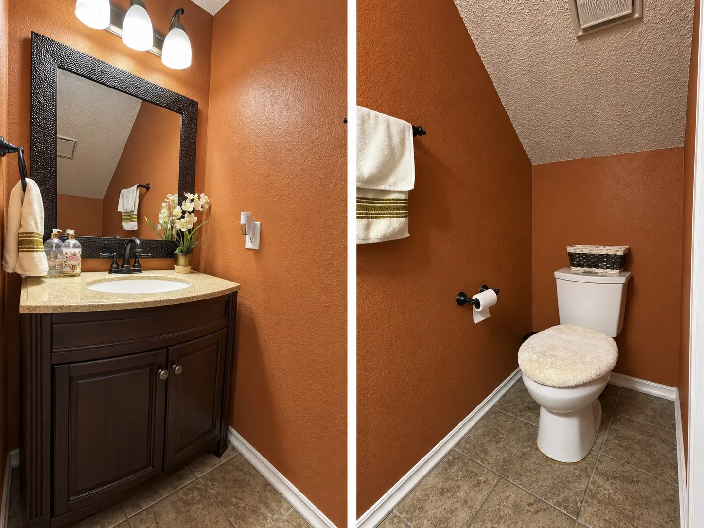 Dark wood-finish vanity with a light-toned countertop, complete with an undermount sink and dark-finish faucet
