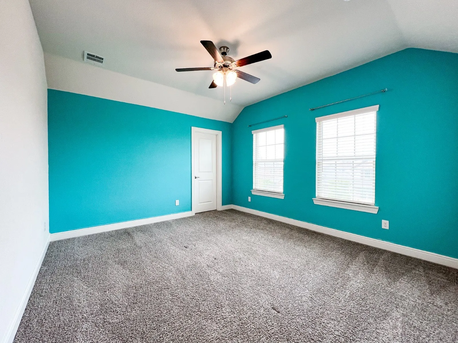 Spacious room with gray textured carpet, two windows featuring blinds, a ceiling fan, and a paneled door
