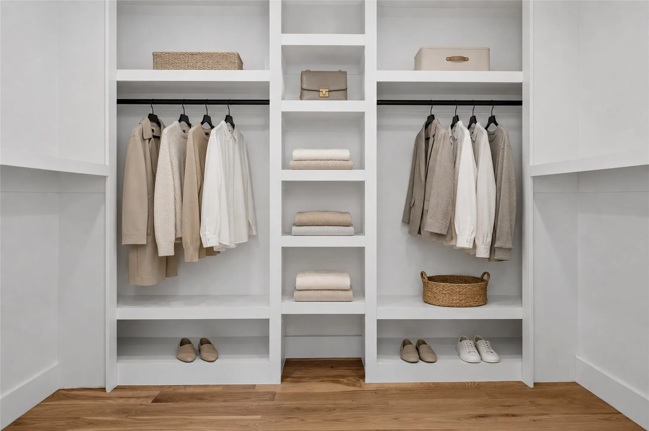 Custom closet system featuring white built-in shelving, black hanging rods, and wood-finish flooring - Virtually Staged