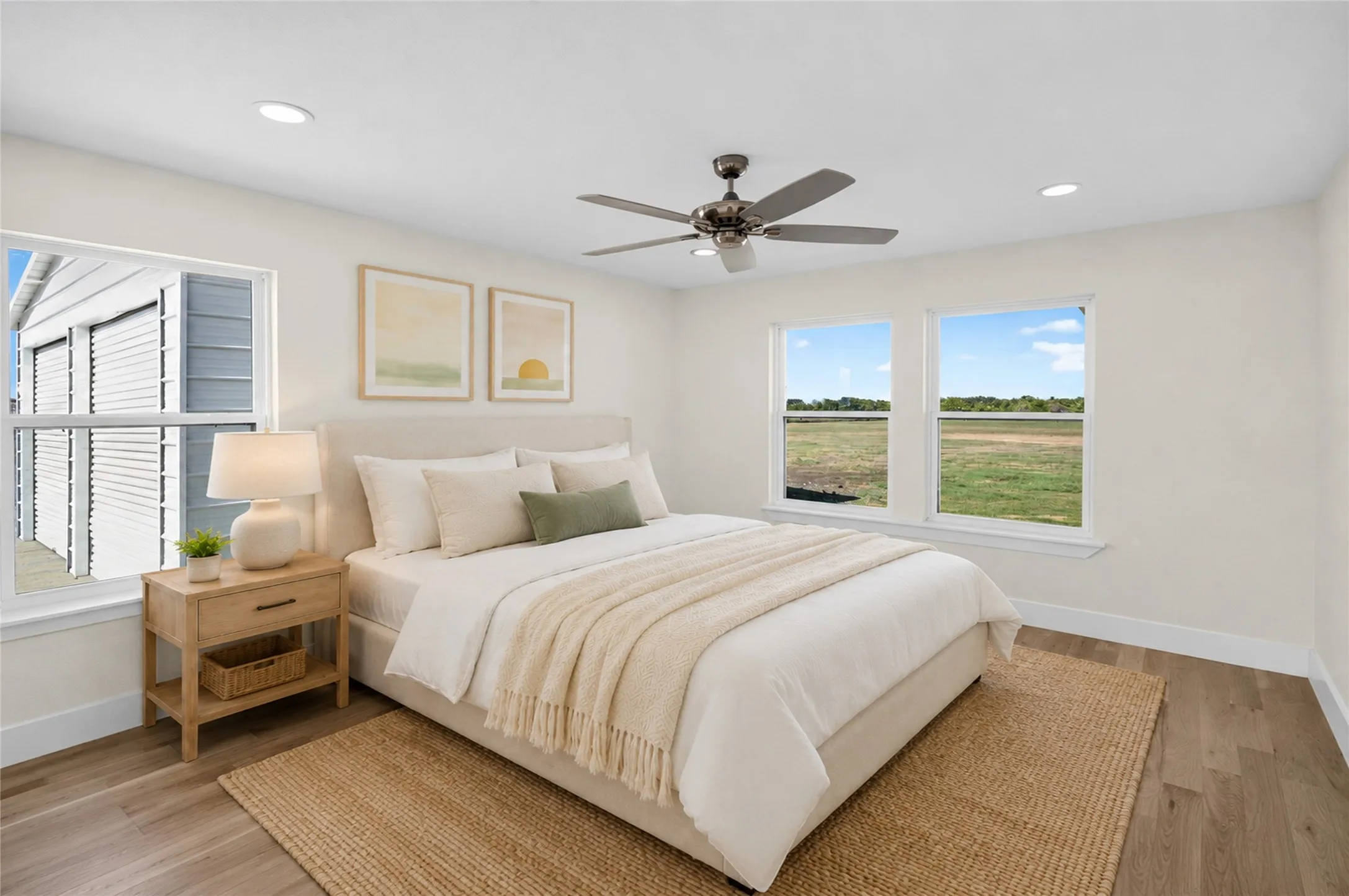 Bedroom featuring wood-finish flooring, recessed lighting, and a ceiling fan - Virtually Staged
