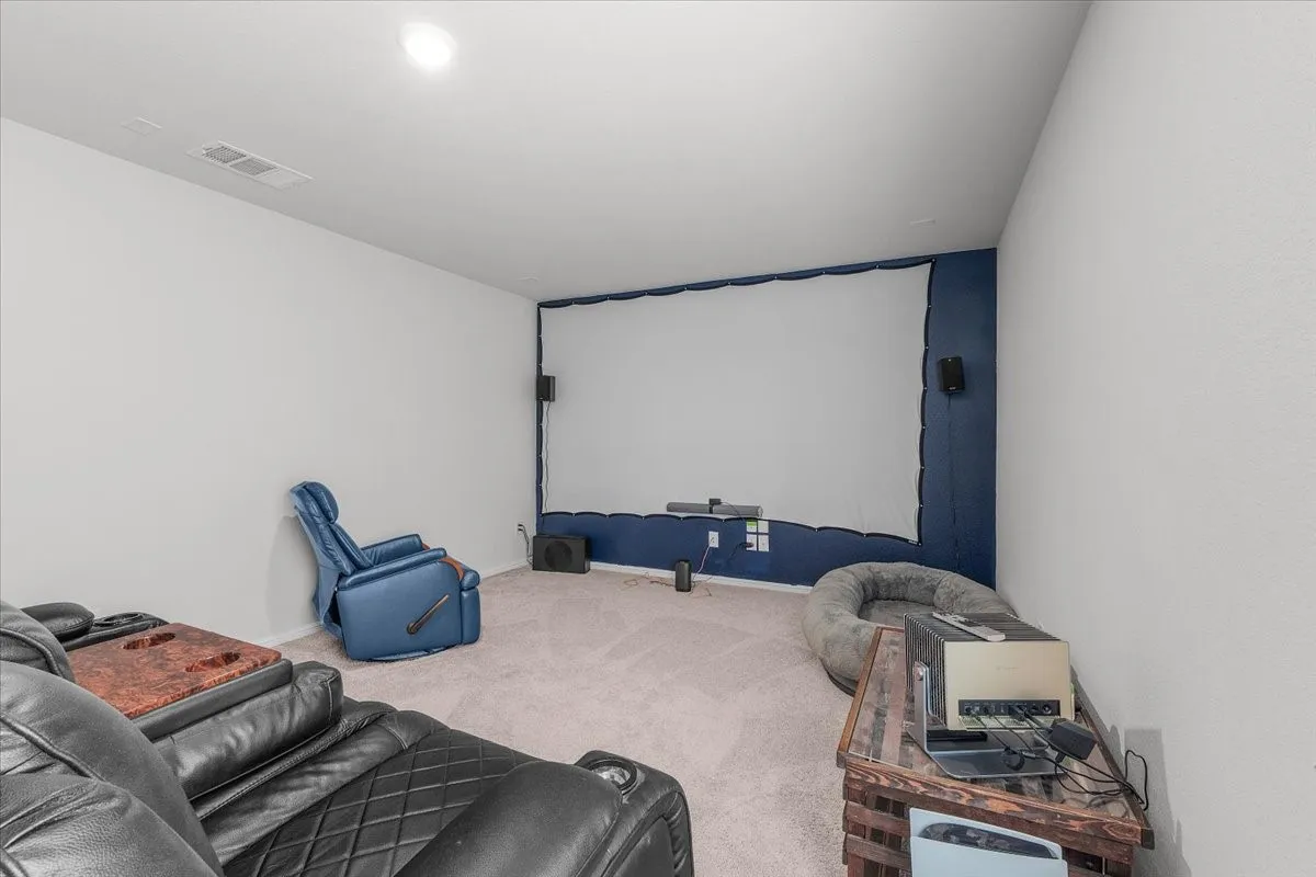Carpeted room with a projector screen and wall-mounted speakers