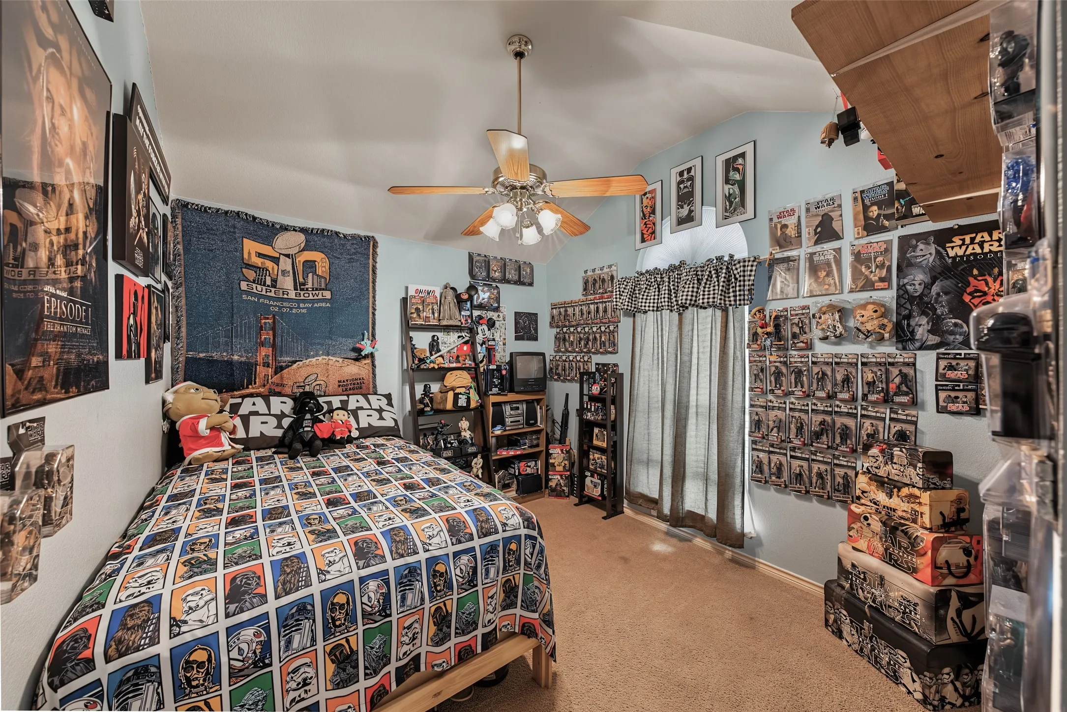 Recessed ceiling fan with light fixture, window with drapes, and wall-to-wall carpeting